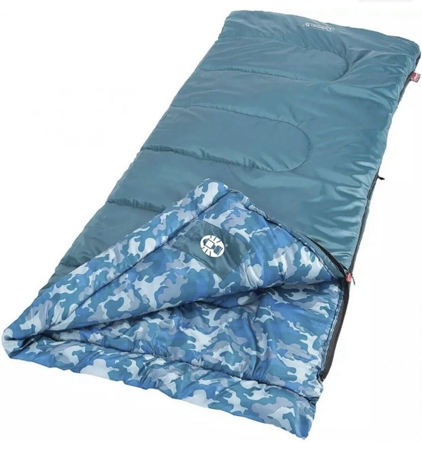 Coleman Kid Camo Youth Sleeping Bag , Blue Up to 5ft 5 in with Zip Compartment