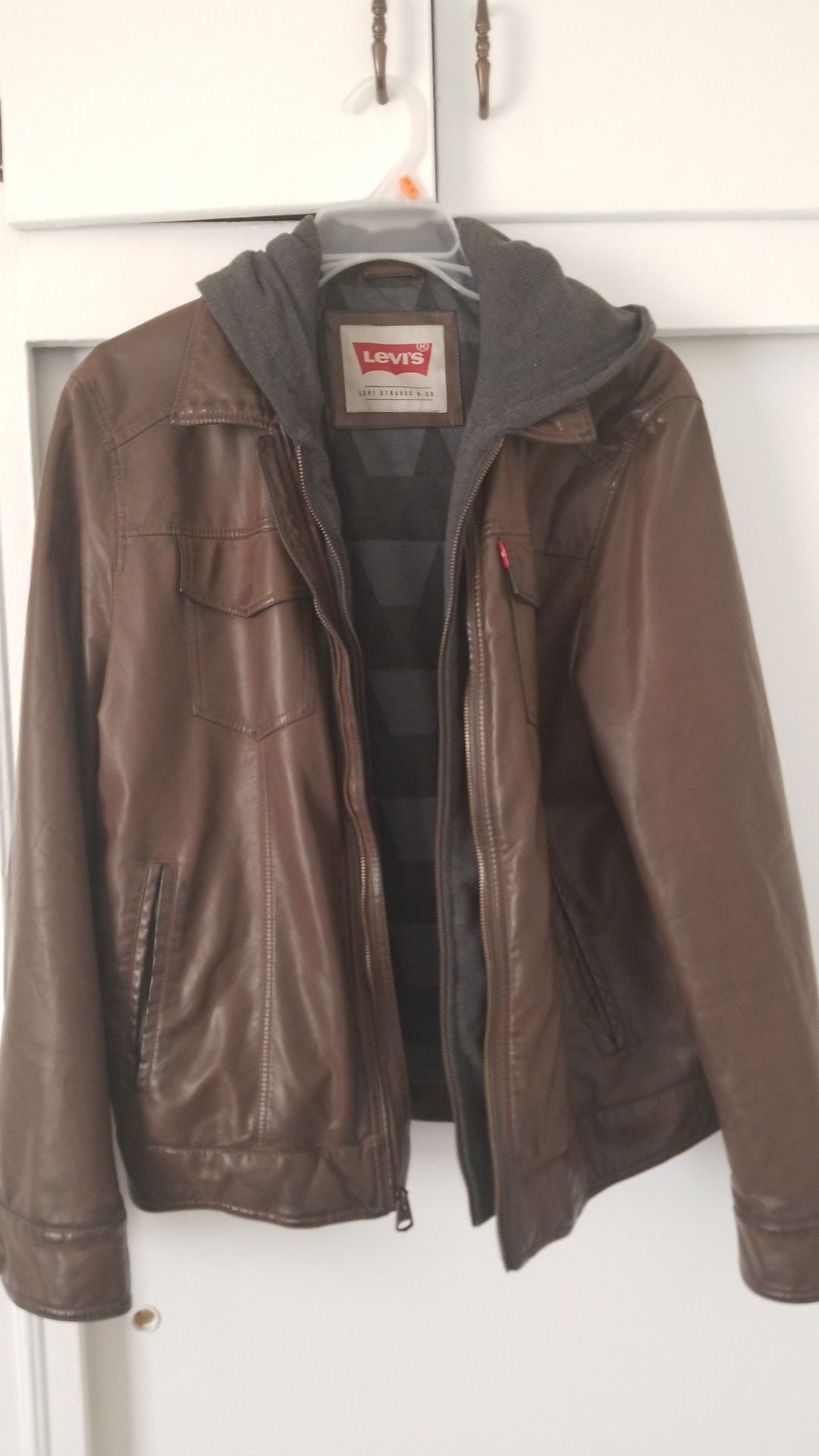 Brown Levis Jacket faux leather with hood - size Medium