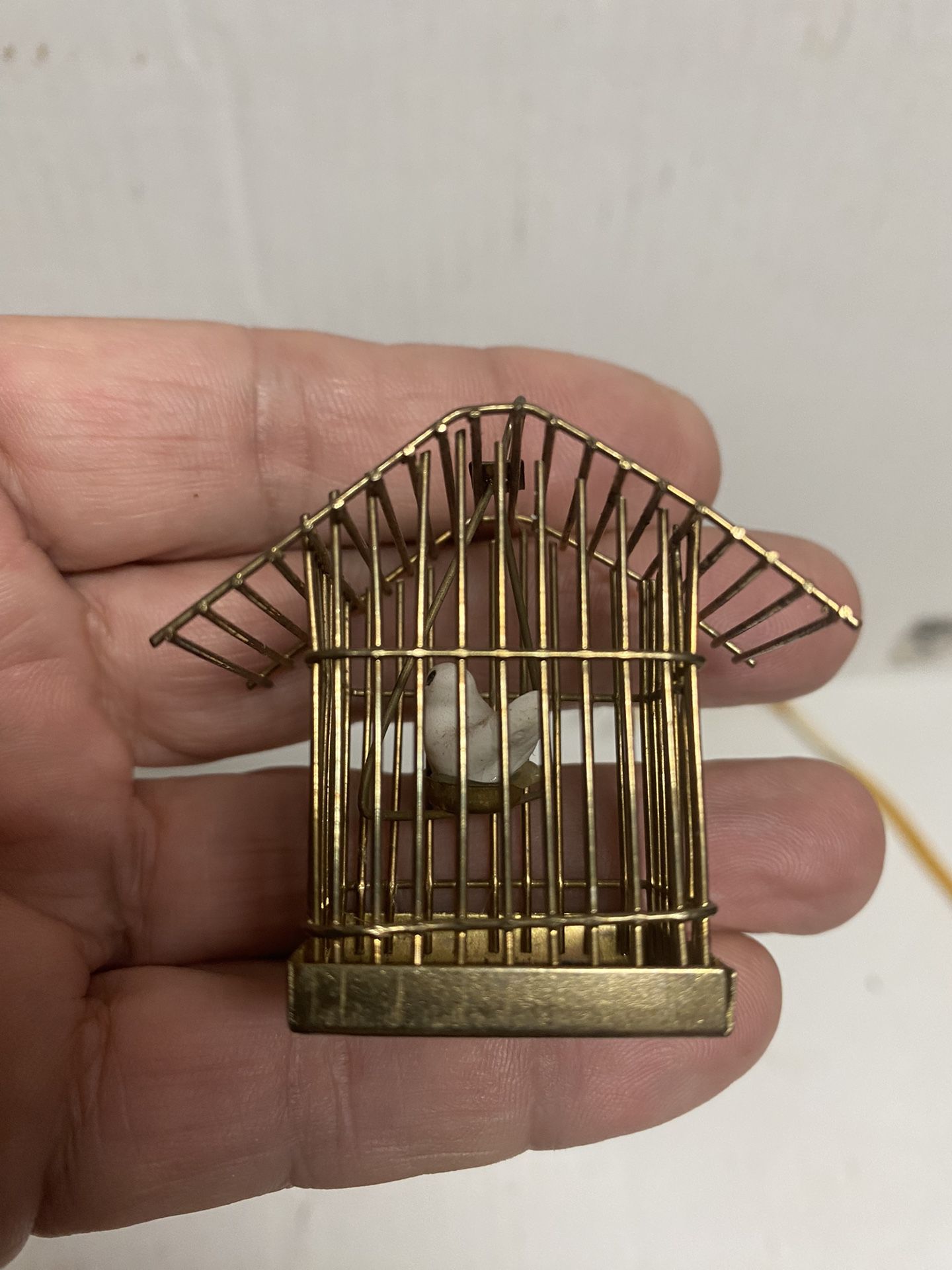 Antique Vintage Doll House Brass Bird Cage With Bird Inside 