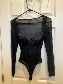 Black Mesh Corset Bodysuit Long Sleeve