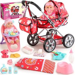 New In Box Baby Doll Stroller Set for Toddler Girls 3-5, A 12.5" Babydoll with Baby Doll Accessories, Pillow, Blanket & 2 Sets Clothes, Doll Playset T