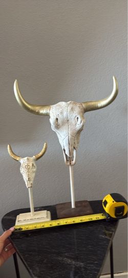Set of two decorative bull skulls on stands