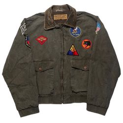 VTG 90s Bush Country Olive Green Military Patch Canvas Full Zip Bomber Jacket XL