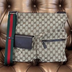 AUTH GUCCI Sherry Line Shoulder Bag GG Canvas Leather Brown Like New Green Red Strap