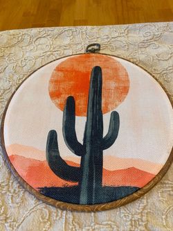 Southwest 10 inch saguaro cactus & sun fabric wall art hanging. Bo Ho. Good condition.