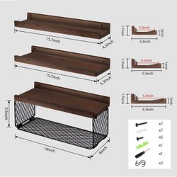 Wall Mounted Floating Shelves, 3 Sets Wood Bathroom Shelves with