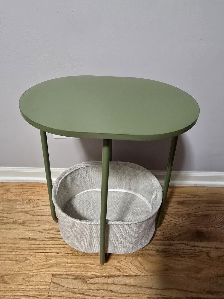 TUTOTAK Small Side Table, Oval End Table, Night Stand, Bedside Table, Sofa Table with Cloth Storage Basket, Living Room, Bed Room, Olive Green TB01BOG