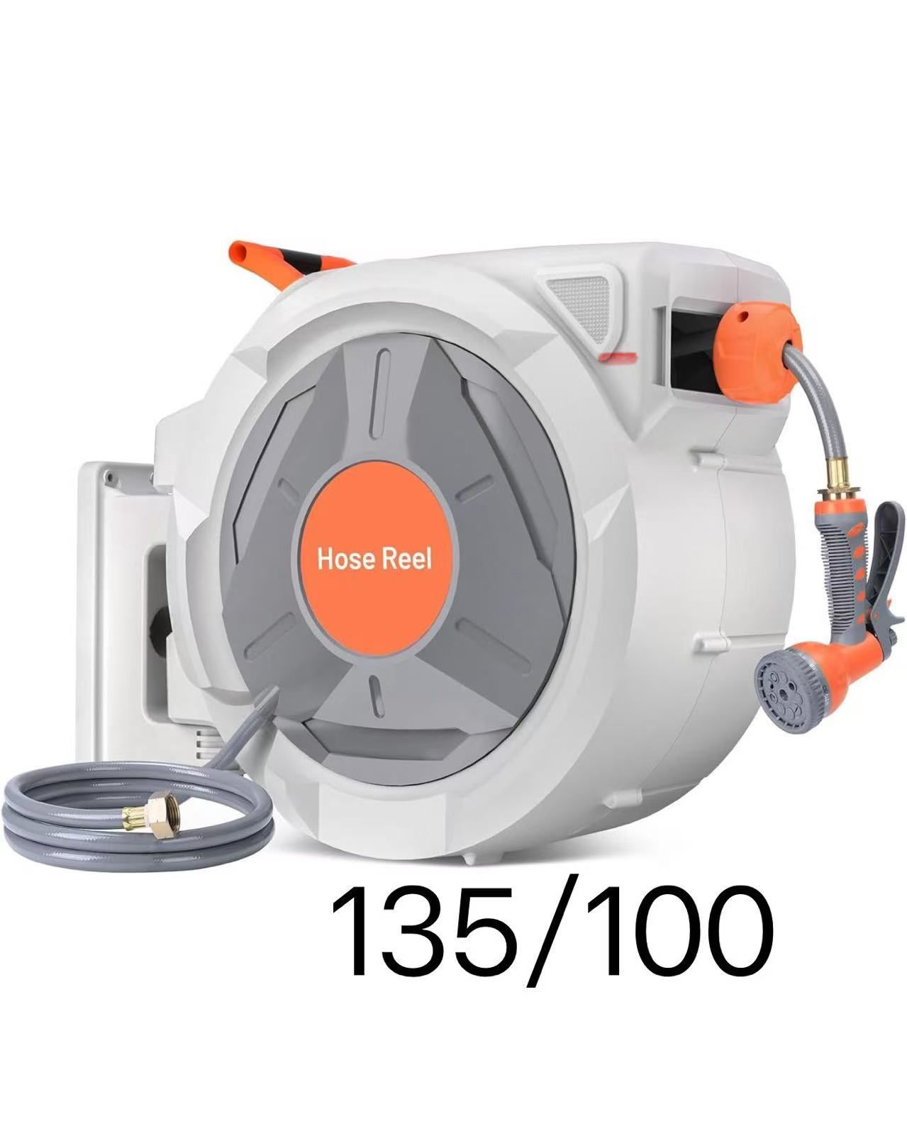Retractable Garden Hose Reel, 1/2 In x 130 Ft With 9 Function Sprayer Nozzle, Any Length Lock, Automatic Rewind and Slow Return System, Wall Mounted a
