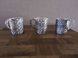 3 Ceramic Type Beige With Blue Print Mugs