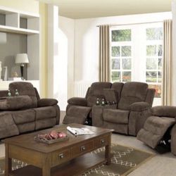 NEW Brown Fabric Recliner Living Room Set Include Sofá, Loveseat And Chair 