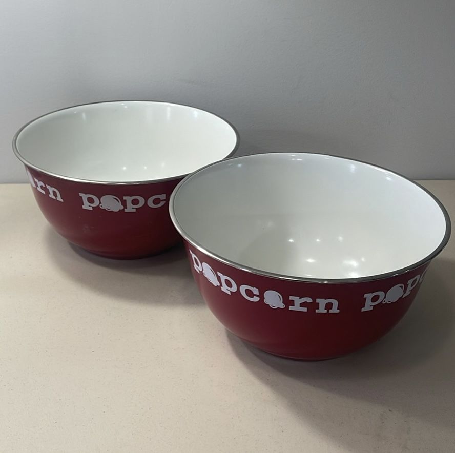 2 Popcorn Bowls Large Movie Night Snack Tin Container see pics for measurements
