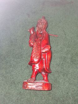 Hand-Carved Red Wood Chinese Fisherman Statue