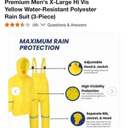 3-Piece Yellow Rain Suit Set with Detachable Hood, Water-Resistant (Men's XL) — New