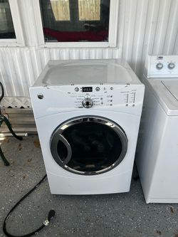 GE white front-loading electric dryer