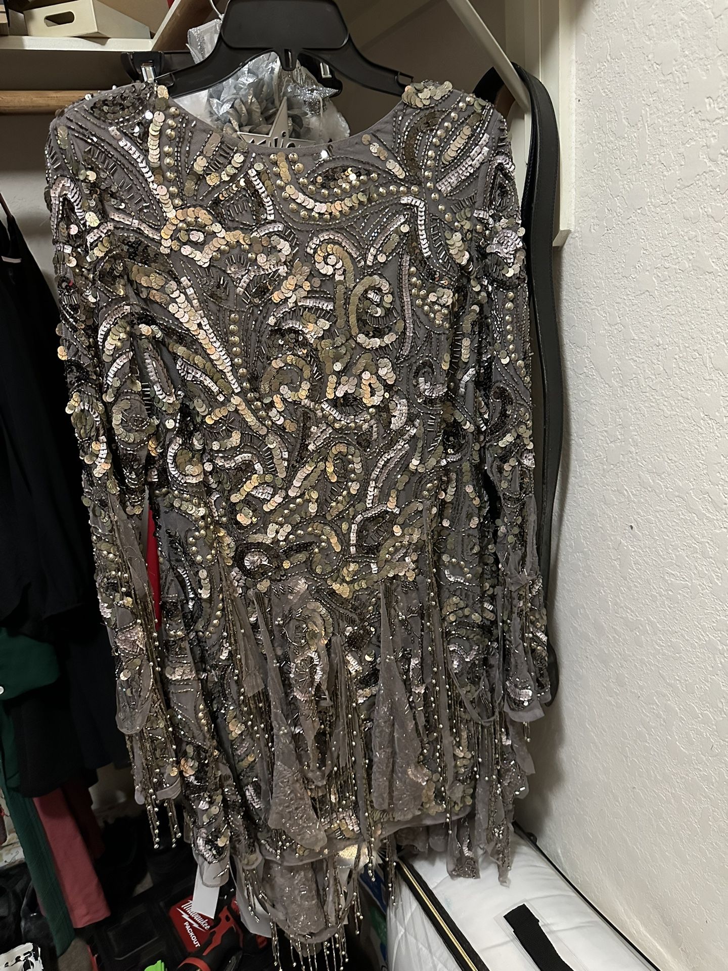 ASOS DESIGN long sleeve embellished mini dress with draped applique and fringe in silver