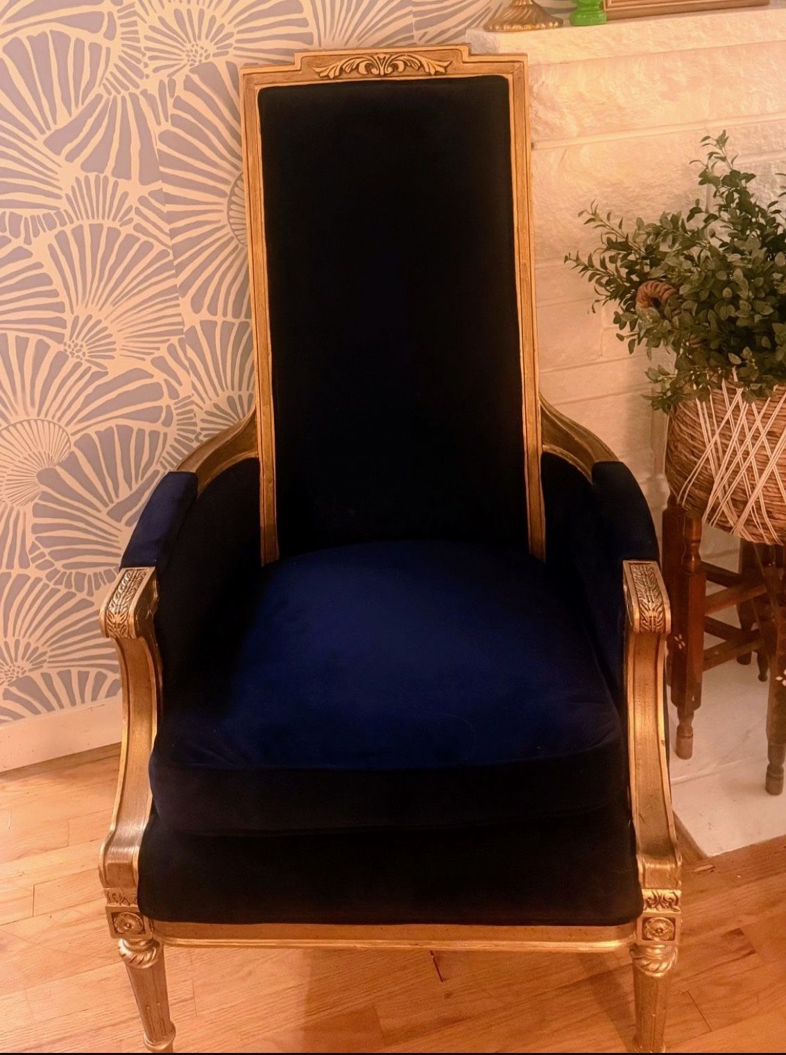 Antique Blue Velvet High Back Chair