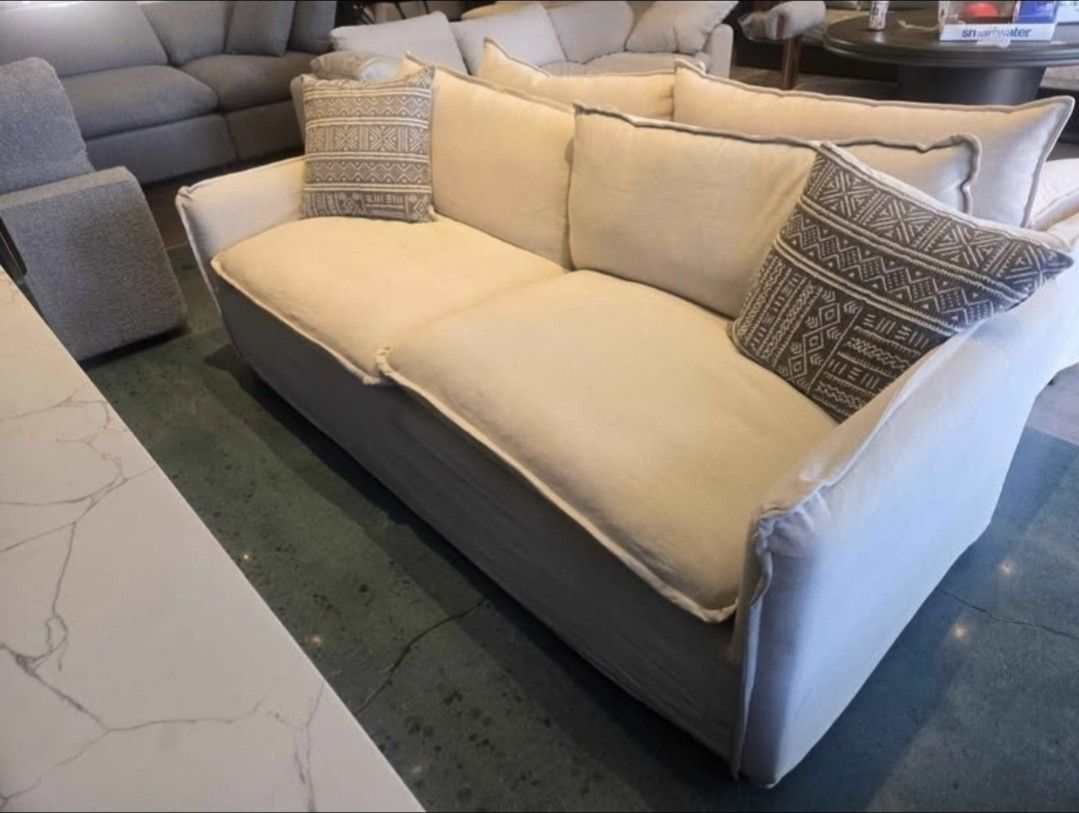 Brand New 84" Sixpenny Slipcover Sofa Dupe with Feather Down Filled cushions upholstered I Performance Fabric