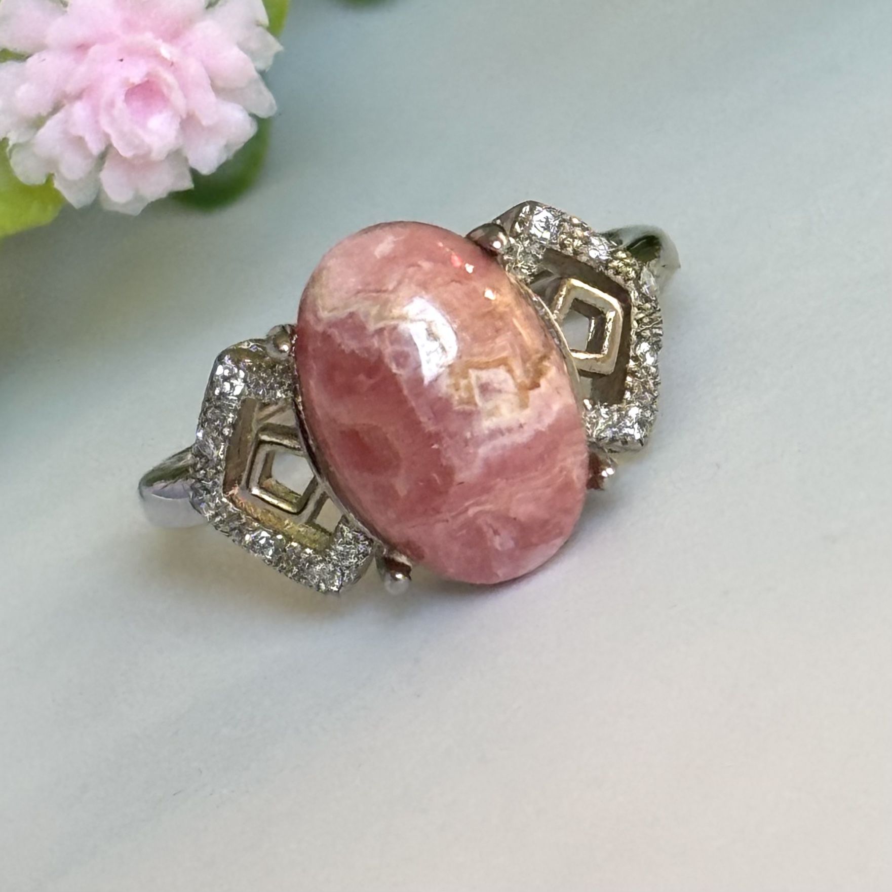 Rodochrosite Ring (Adjustable) Silver Mixed With Cupronickel ( size 6 )