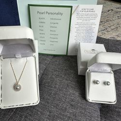 Akoya Pearl 14k Yellow Gold Necklace with rare Silver Pearl and Matching Earrings 