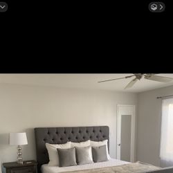 🛏️ King upholstered headboard and frame + Casper King  Memory Foam Mattress + 2 gray wood Nightstands