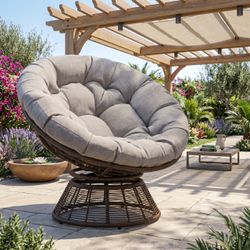 Outdoor Papasan Swivel Chair with Gray Cushion