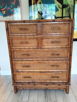 Vintage Faux Bamboo Hollywood Regency Five Drawer Tall Boy Dresser by American of Martinsville, See Full Description