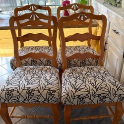 Set Of 4 Wood Dining Chairs - Upholstered Seats 