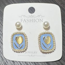 New 2 Pairs Blue Vintage Tulip Flower Pearl Earrings & White Pearl Stud Earrings