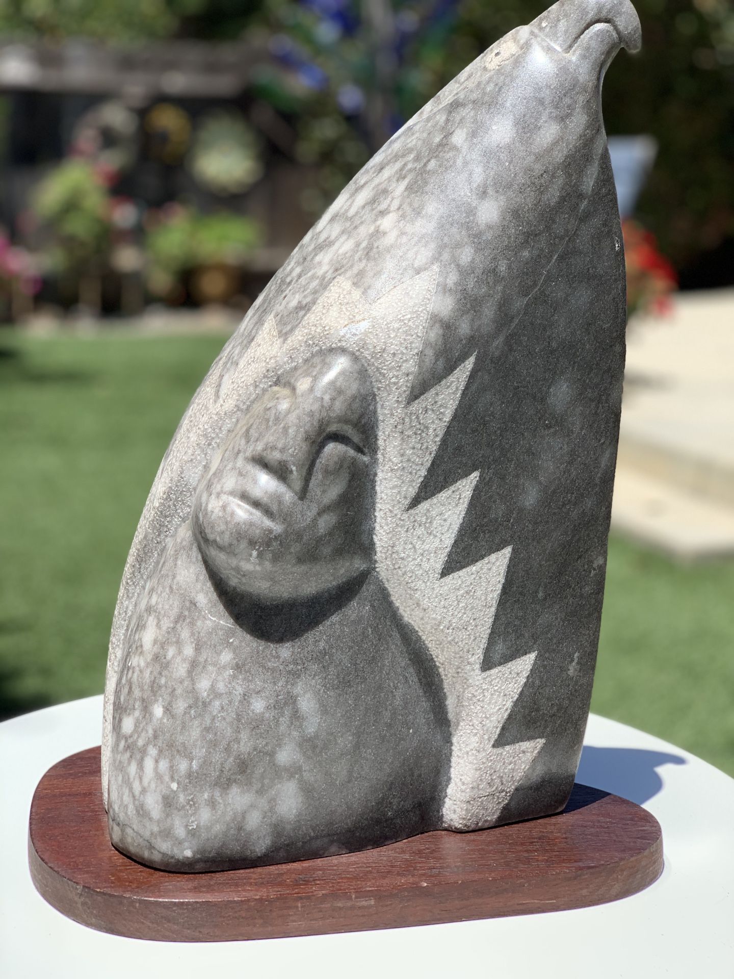 John Suazo Sculpture Eagle & Man Grey Alabaster