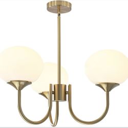 New 19.7” Globe Sputnik Chandelier 3 Light Milk Glass Pendant Large Gold Brushed Brass Adjustable 
