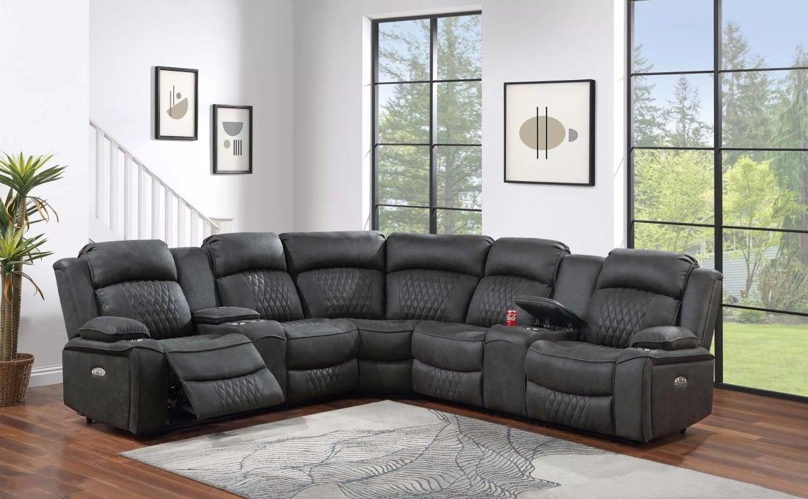 Brand New Grey Leather Power Reclining Sectional Sofa