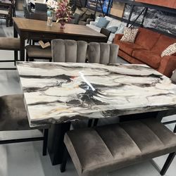 Faux Marble Dining Table With 6 Chairs 
