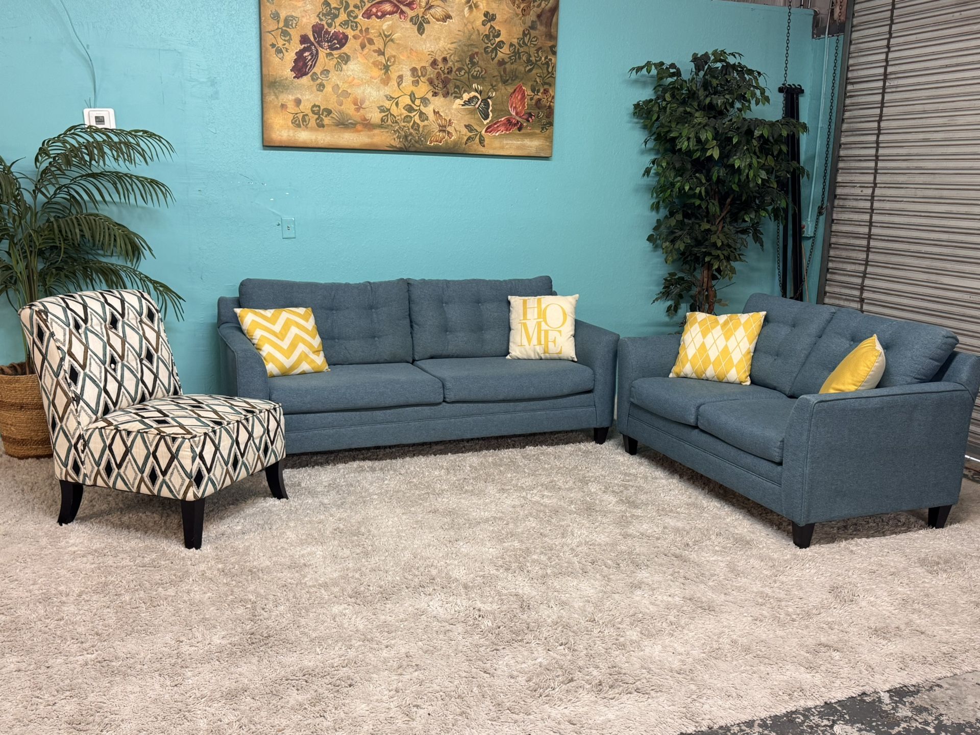 Very Pretty Teal Couch, Loveseat & Accent Chair 3 Piece Living Room Set - Throw Pillows Not Included