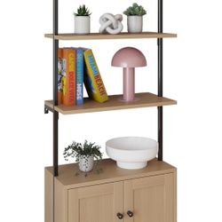 72” Wall-Mount Ladder Shelf w/ Storage Cabinet – Light Oak / Black Metal