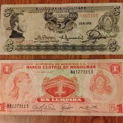 Honduras 1978 vintage 5 Lempiras and 1974 vintage 1 Lempira rare bills banknotes currency