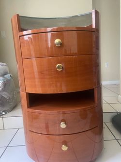 Modern Curved Cherry Wood Nightstand / End Table w/ 4 Drawers & Glass Top
