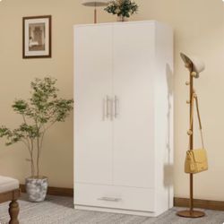 White Two-Door Wardrobe with Bottom Drawer