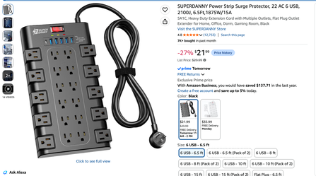 SUPERDANNY Power Strip Surge Protector – 22 Outlets + 6 USB
