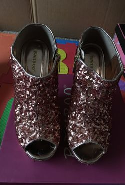 Rose gold sequin open toes Bamboo wedges