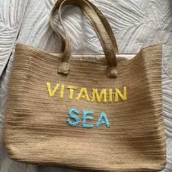 Straw Beach Tote Bag “Vitamin Sea” Large Raffia Summer Pool Travel Bag