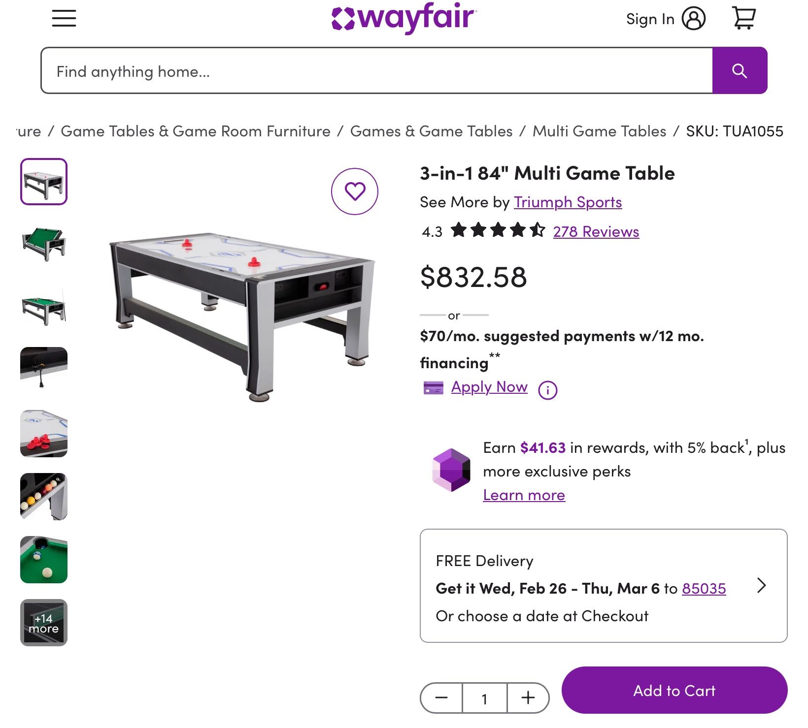 Triumph 3-in-1 Ping Pong, Pool and Air Hockey Gaming Table, 7 Feet