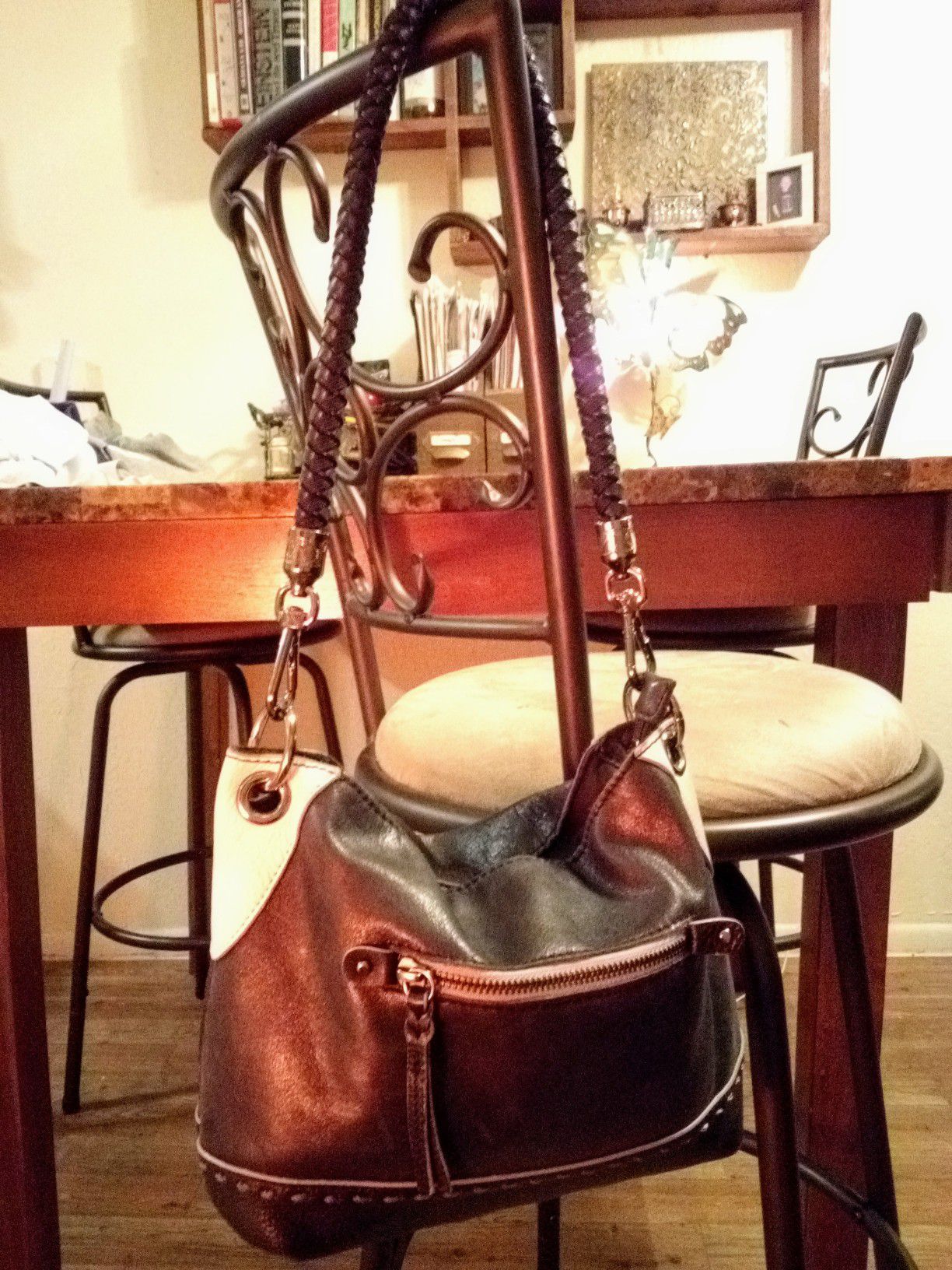 The Sak black & white Soft pebbled genuine leather woven slouchy boho medium hobo shoulder bag purse