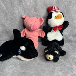 Vintage Lot of 4 Puppets: Shamu, Pink Pig, Night Cap Penguin, Small Black Bear