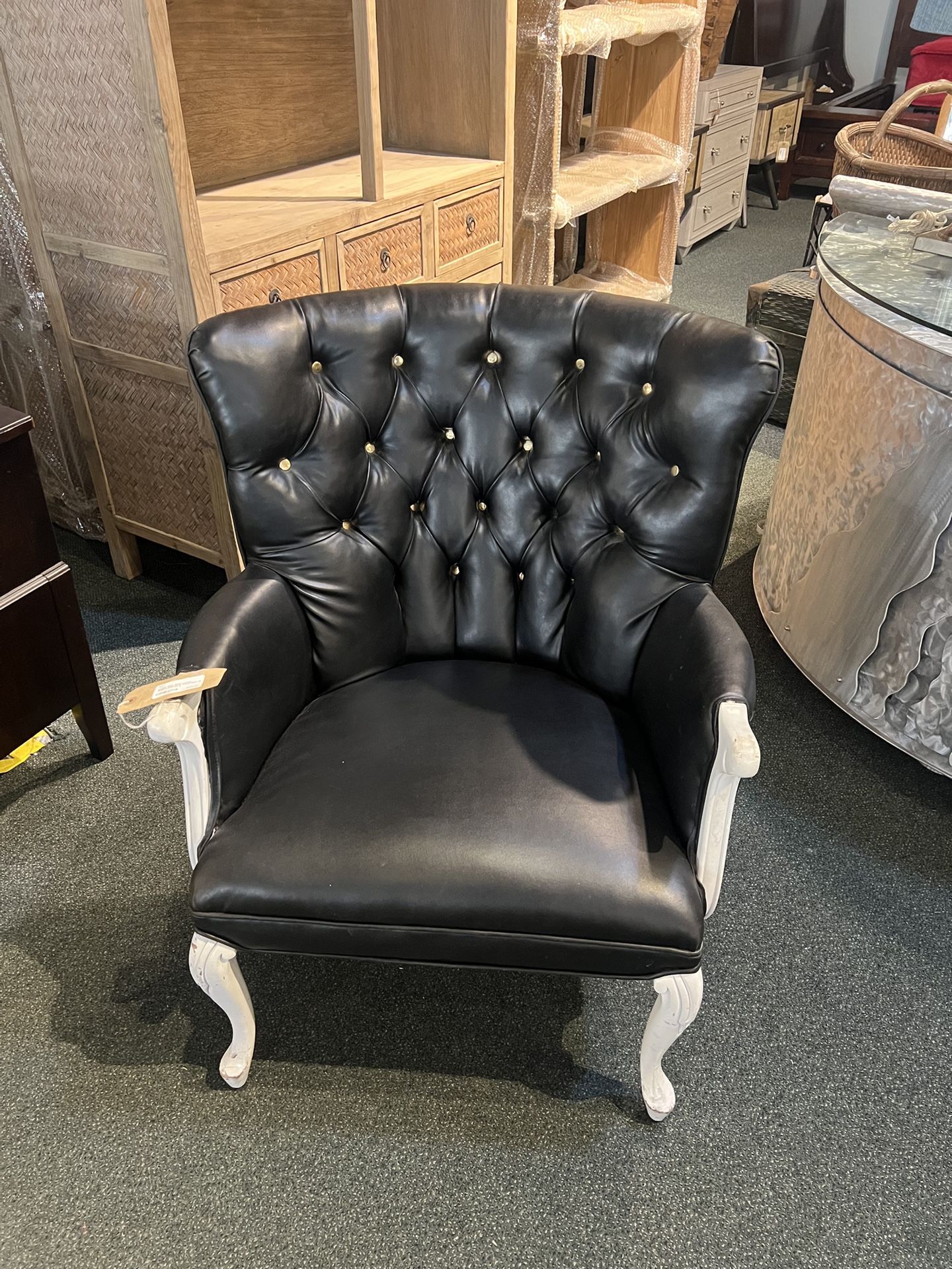 Chair: Accent Black Leather Wingback Tufted Chair With White Stained Wooded Footing & Hand rests SKU X96ZBE