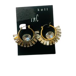 INC International Concepts Gold Hoop Earrings w/ Silver Rhinestones, NWT!!