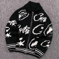 Corteiz Alcatraz Jacket Heavy Jacquard Knit Zip Coat Black White