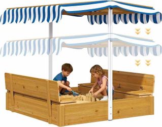Sand Box with Lid and Cover -Sandbox with Adjustable Canopy, Storage and Bottom Liner Wooden Sand Pit Bench for Backyard Outdoor Indoor Playgrounds fo