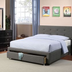 Queen Gray Tufted Bed w. Drawer & Orthopedic Mattress Included