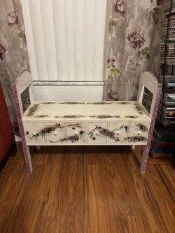 White Floral Wood Bench