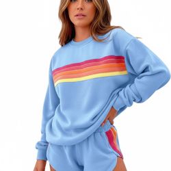 2 Piece Lounge Sets for Women Rainbow Striped Outfits Casual Long Sleeve Sweatshirt Shorts Trendy Matching Sweatsuit